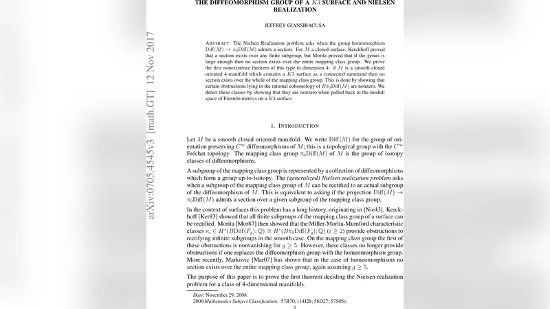 K3 표면의 미분동형군과 Nielsen 실현 문제