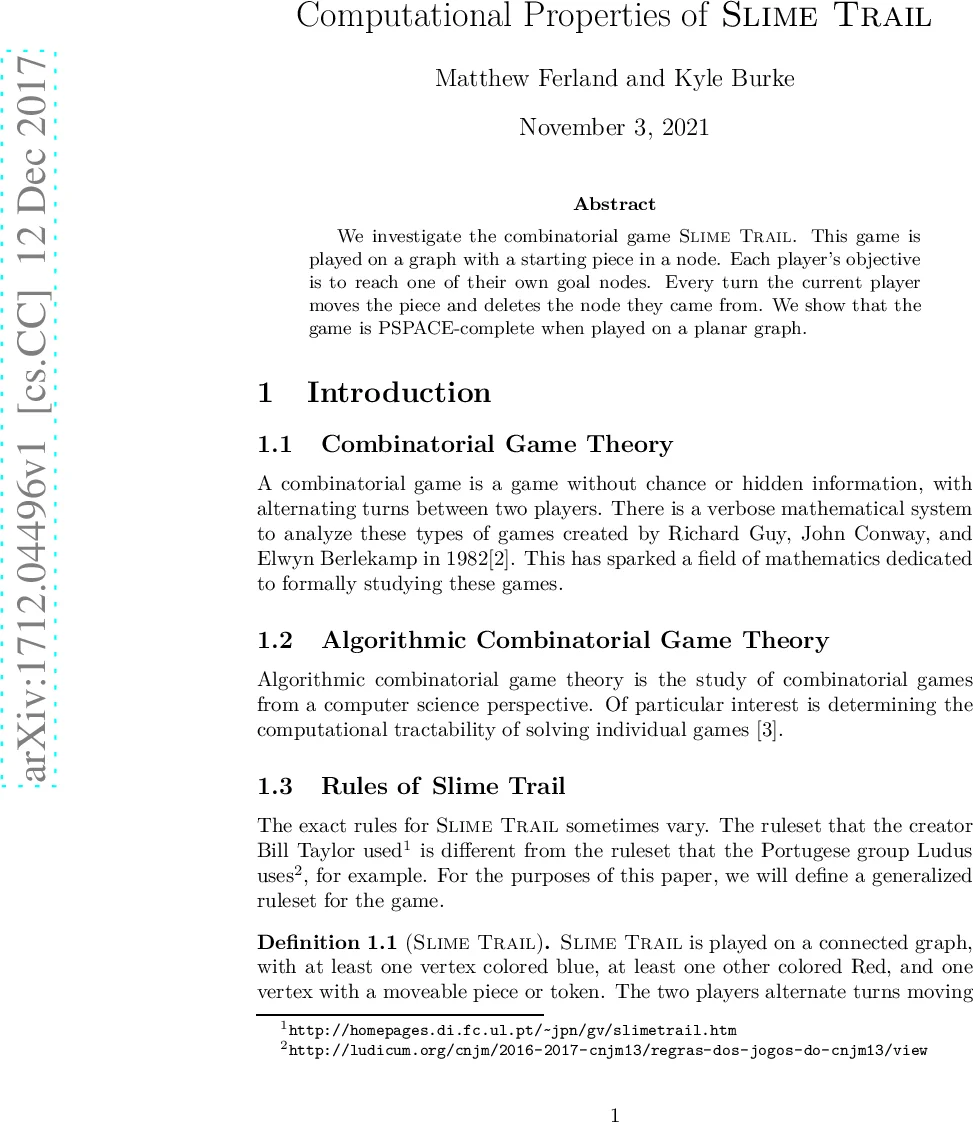 슬라임 트레일의 복잡도와 플래너 그래프에서의 PSPACE 완전성