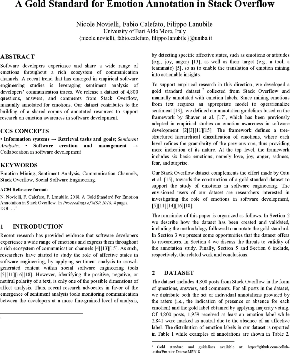 Stack Overflow 감정 주석을 위한 골드 스탠다드 데이터셋