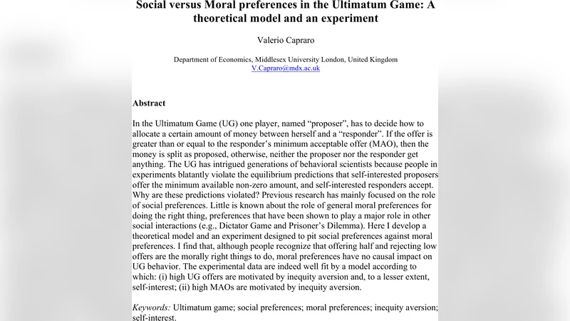 사회적 선호와 도덕적 선호의 갈등: 최후통첩 게임 실험과 이론 모델