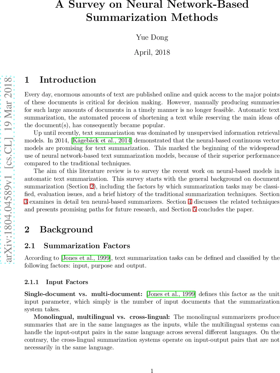 신경망 기반 텍스트 요약 방법 조사