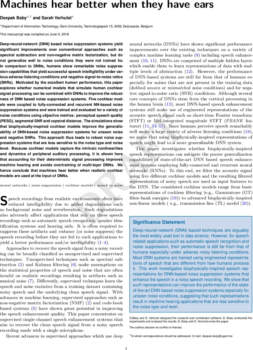 인공 청각, 인간 귀를 닮다: 코클리어 모델이 DNN 잡음 억제 성능을 높인다
