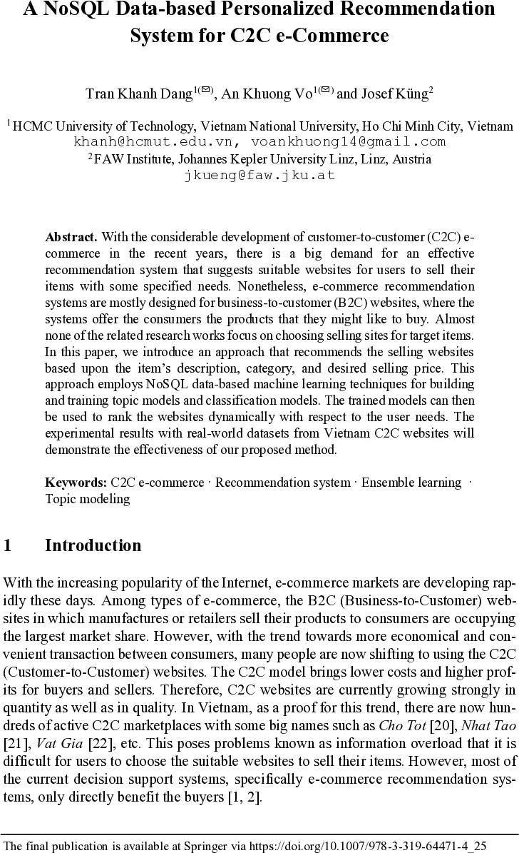 C2C 판매 사이트 맞춤 추천, NoSQL·토픽모델·앙상블 학습 기반 시스템