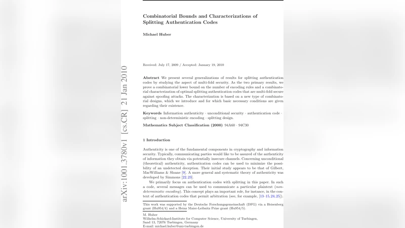 다중 보안 분할 인증 코드의 조합적 한계와 설계