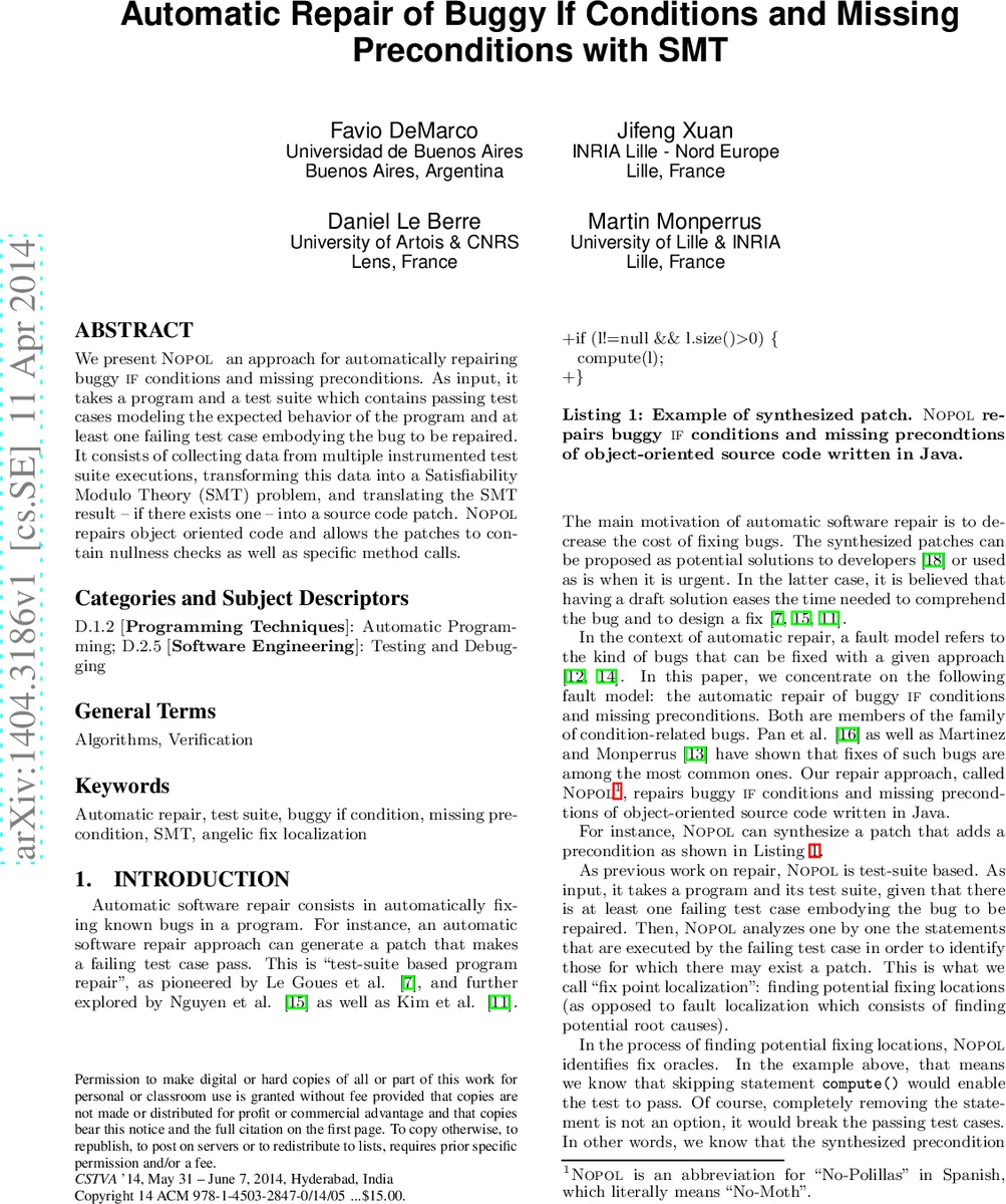 자동 버그 if 조건 및 전제조건 복구: SMT 기반 Nopol