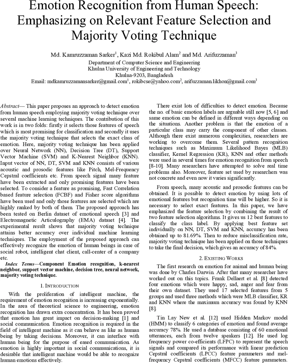 감정 인식용 음성 특징 선택 및 다수결 투표 기반 모델