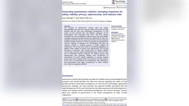 자율주행차 규제와 위험 관리: 안전·책임·프라이버시·사이버보안·산업 리스크 대응
