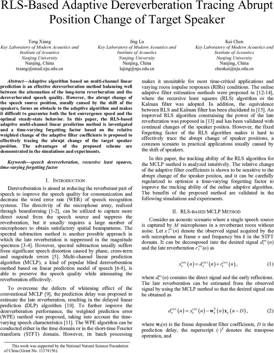 RLS 기반 적응형 디레버버레이션으로 목표 화자 위치 급변 추적
