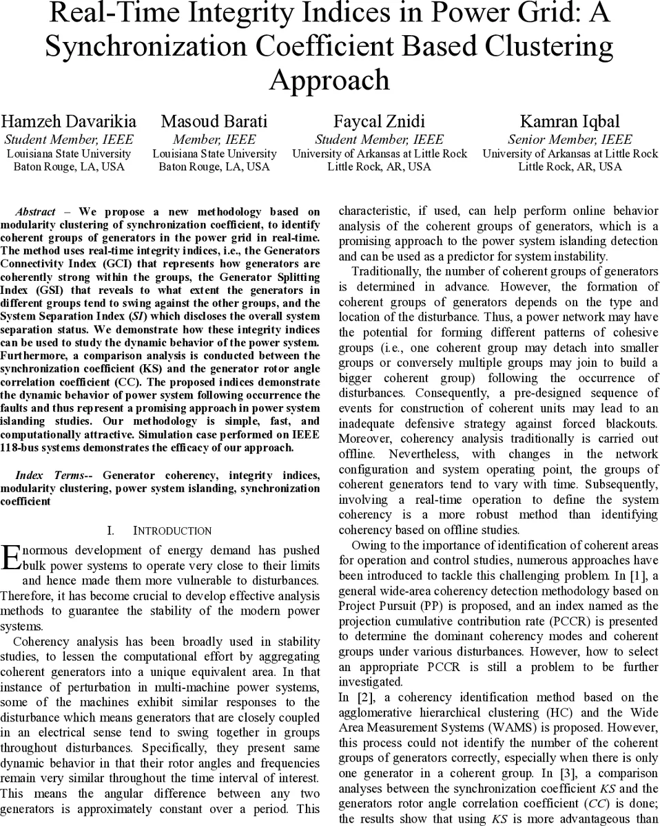 실시간 전력망 무결성 지수를 위한 동기화 계수 기반 군집화 방법