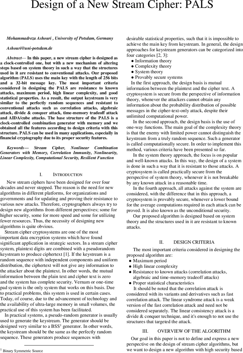 새로운 클럭 제어 스트림 암호 PALS 설계와 평가