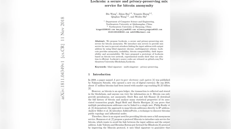 비트코인 익명성을 위한 보안 프라이버시 보호 믹스 서비스 Lockcoin