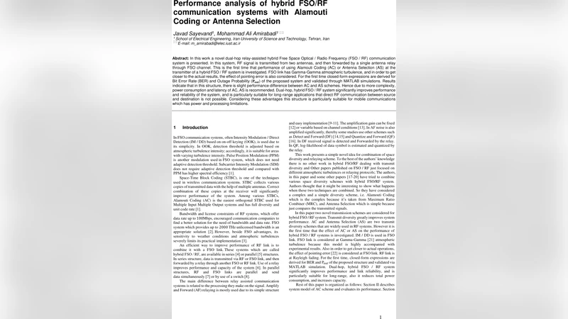 하이브리드 FSO/RF 듀얼홉 시스템에서 Alamouti 코딩과 안테나 선택의 성능 비교