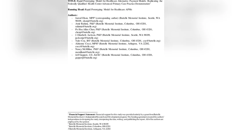 헬스케어 대안지불모델을 위한 빠른 프로토타이핑 연방인증보건센터 고급 일차 진료 시범 복제