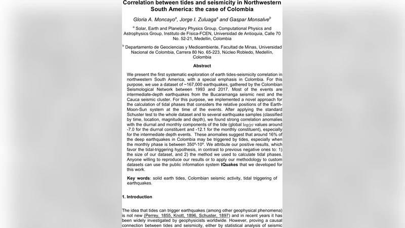 콜롬비아 심층 지진과 조석 연관성 새로운 증거