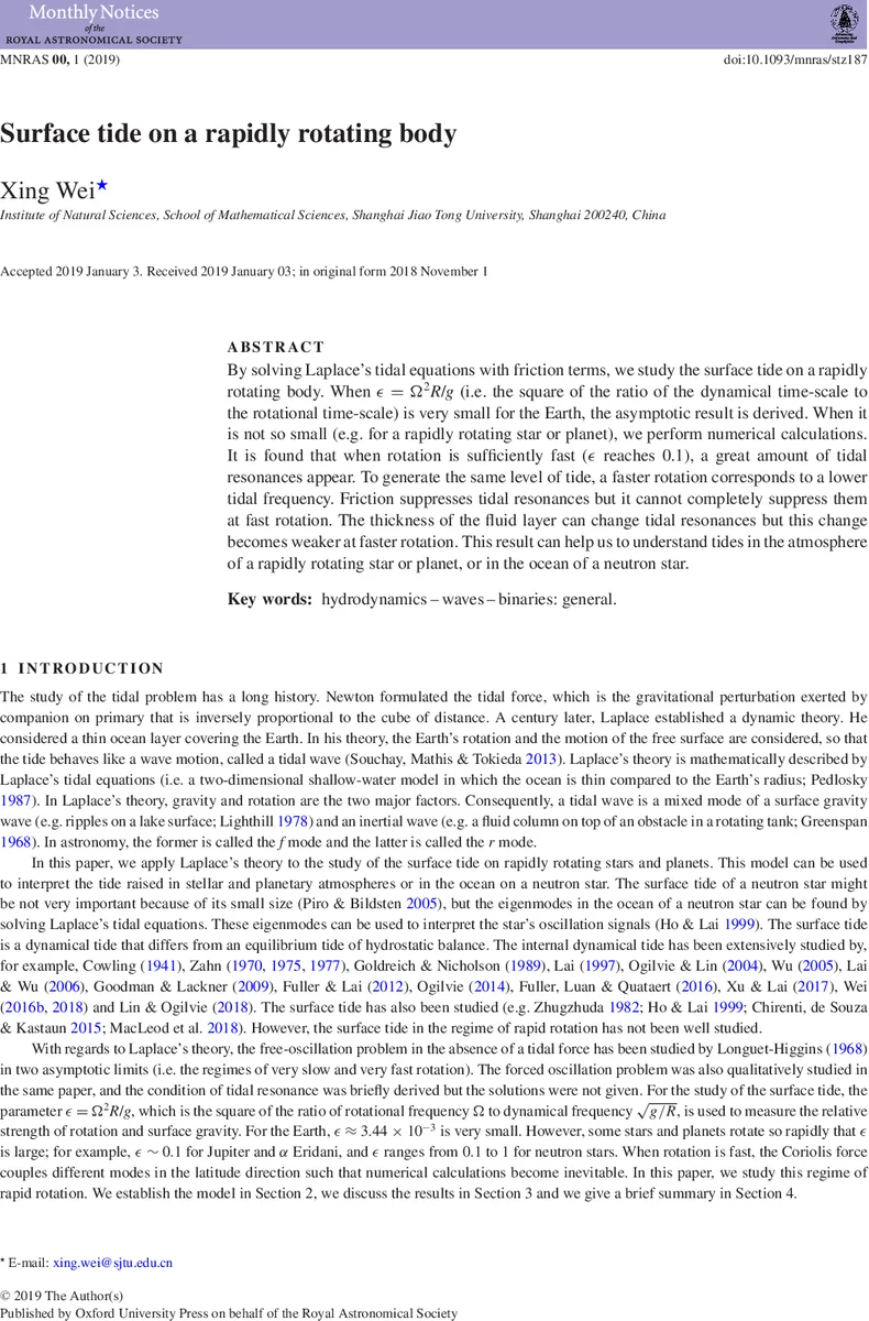 빠른 회전 천체의 표면 조석 현상: 회전‑마찰 상호작용과 공명 탐구