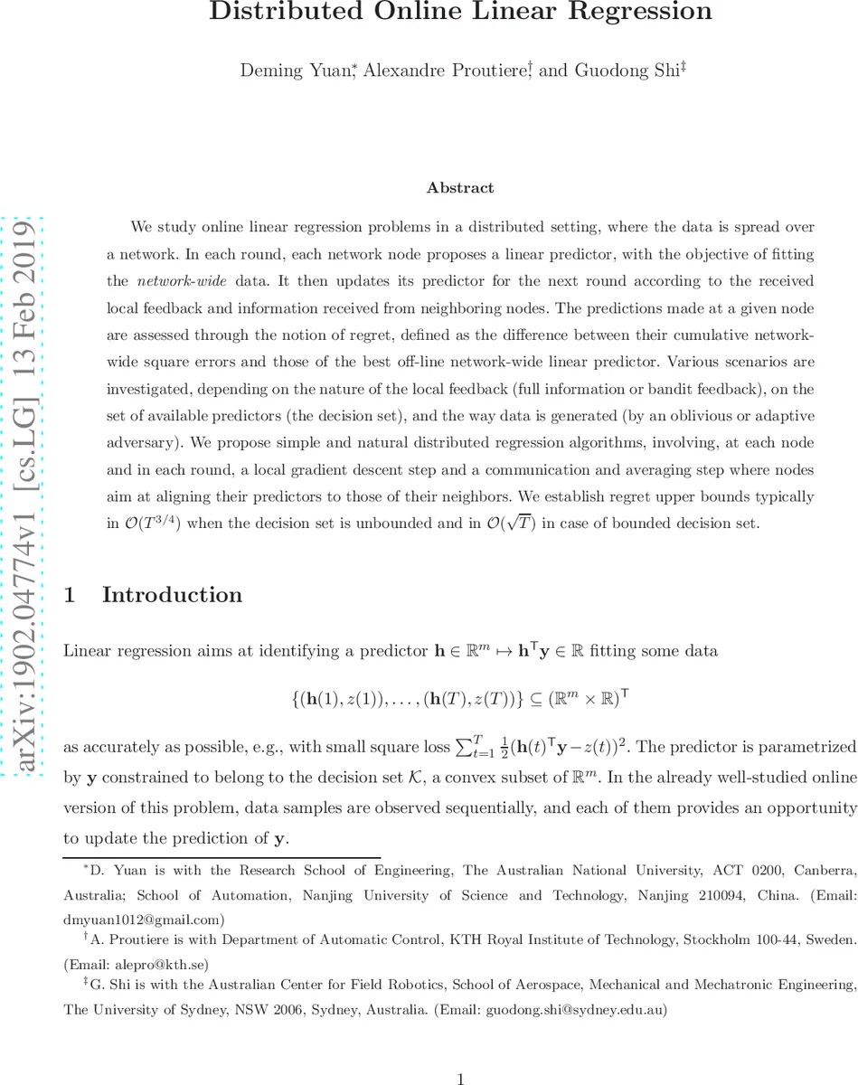 분산 온라인 선형 회귀: 네트워크 규모의 최소 손실을 향한 새로운 알고리즘