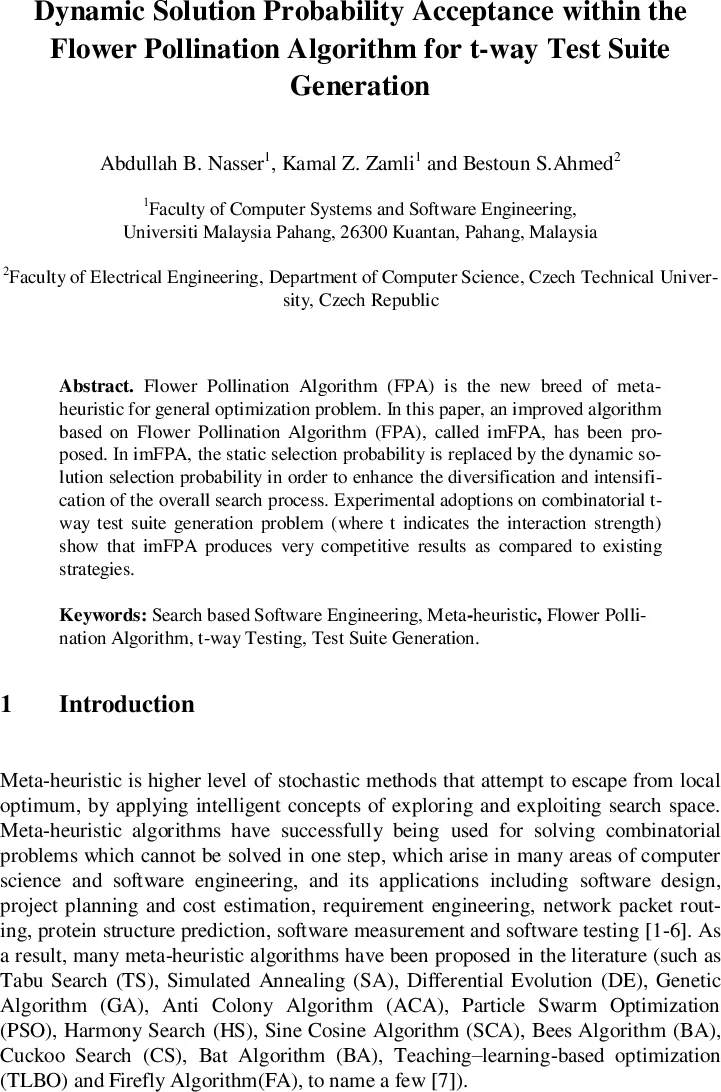 동적 해 선택 확률을 활용한 꽃가루 수분 알고리즘 기반 t방 테스트 스위트 생성