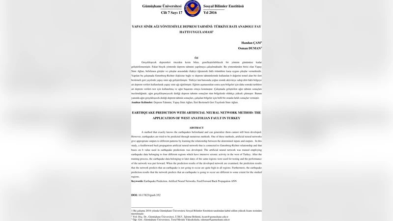 서부 아나톨리아 단층 지진 예측을 위한 인공신경망 모델