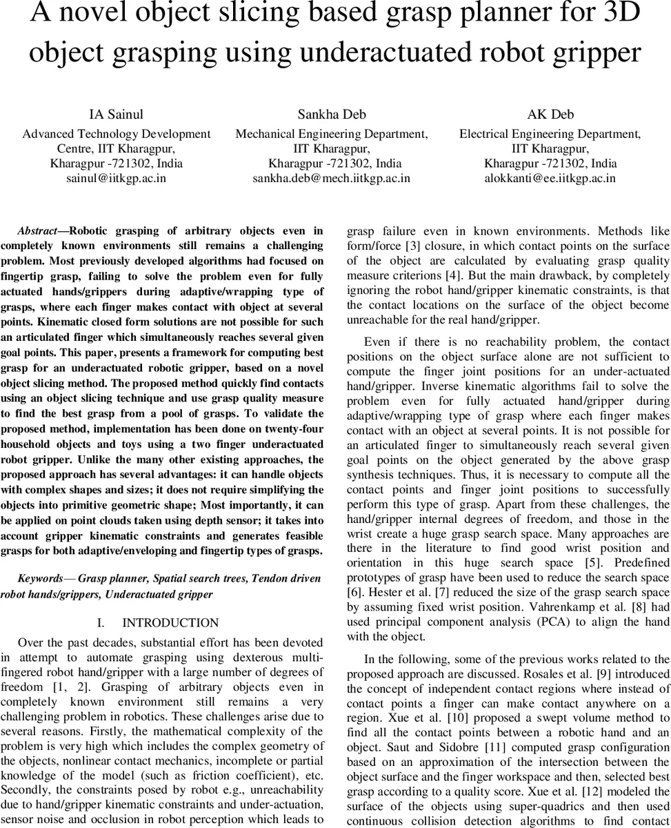 복합 형상 물체를 위한 객체 슬라이스 기반 언더액추에이티드 그리퍼 잡기 계획