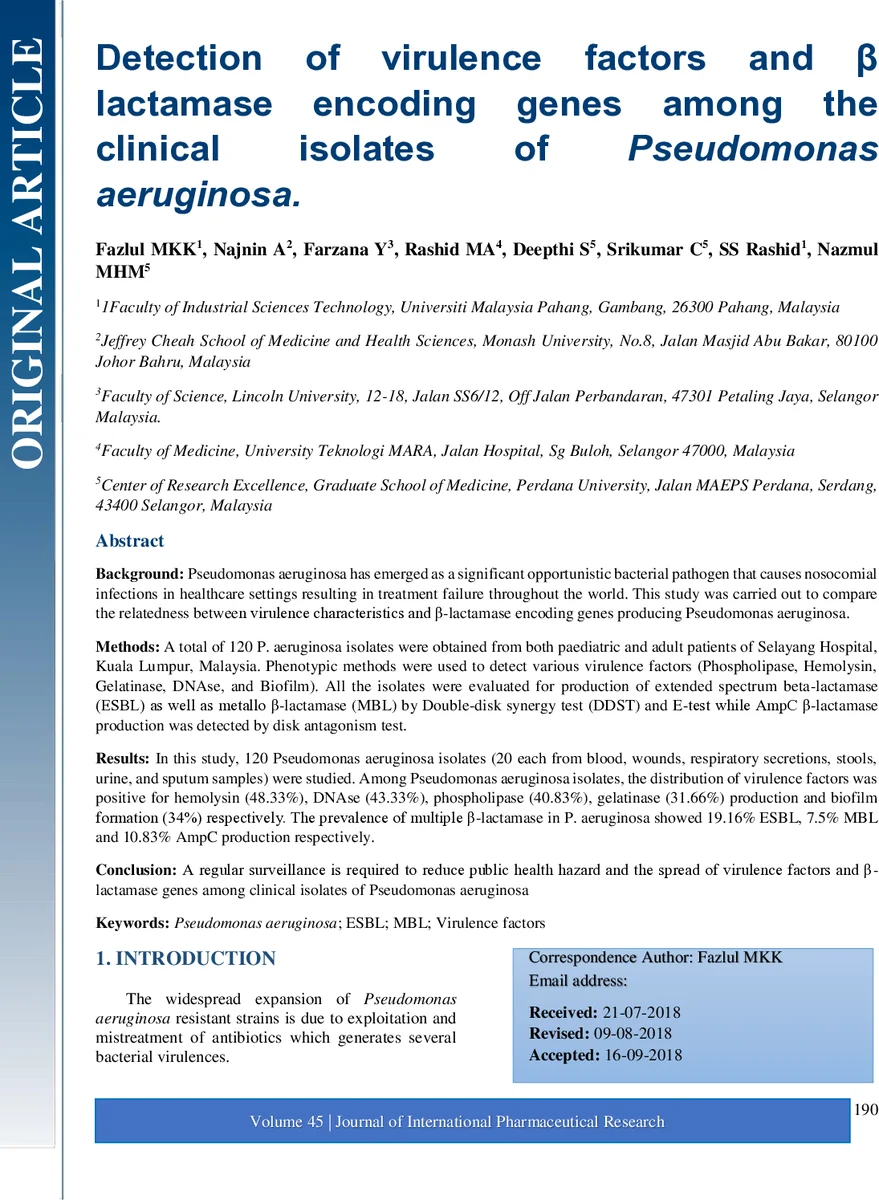 임상 Pseudomonas aeruginosa 균주에서 독성인자와 베타락타메이스 유전자 동시 검출