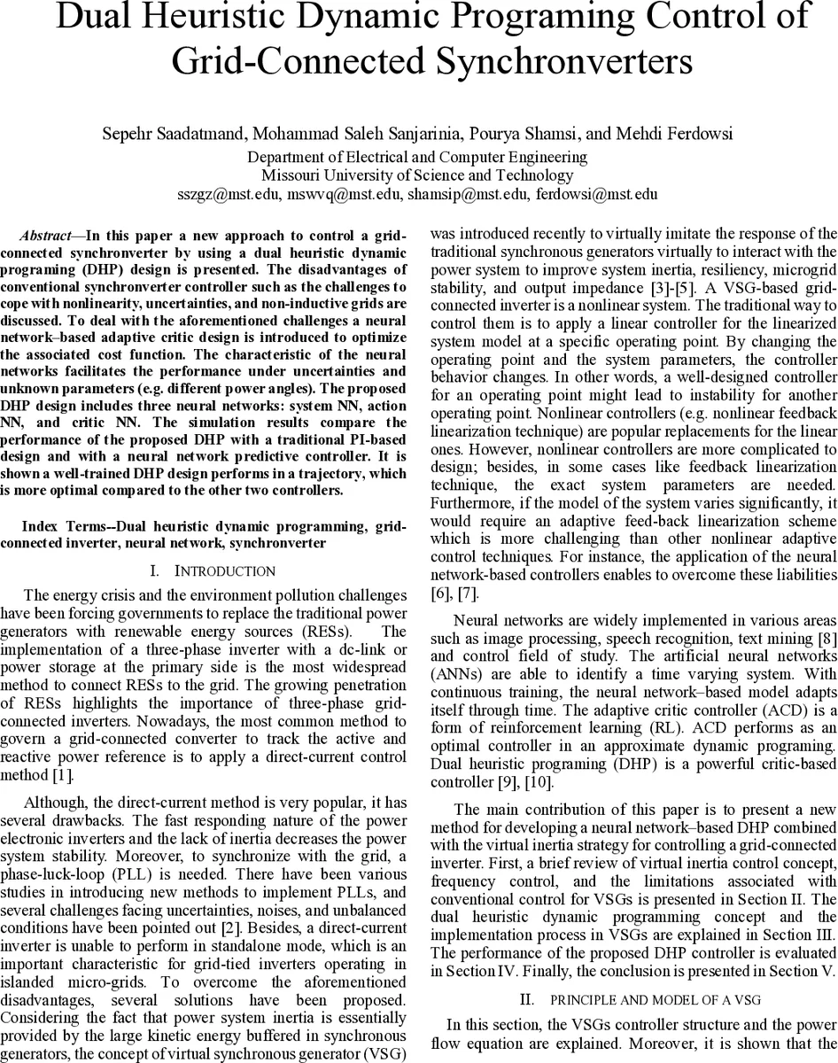 그리드 연결 동기버터 제어를 위한 이중 휴리스틱 동적 프로그래밍 접근법