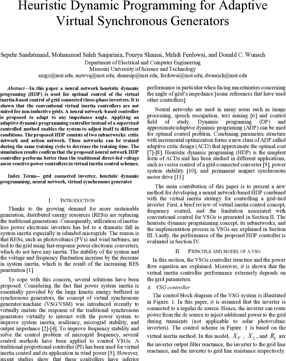 가상 관성 제어를 위한 신경망 휴리스틱 동적 프로그래밍