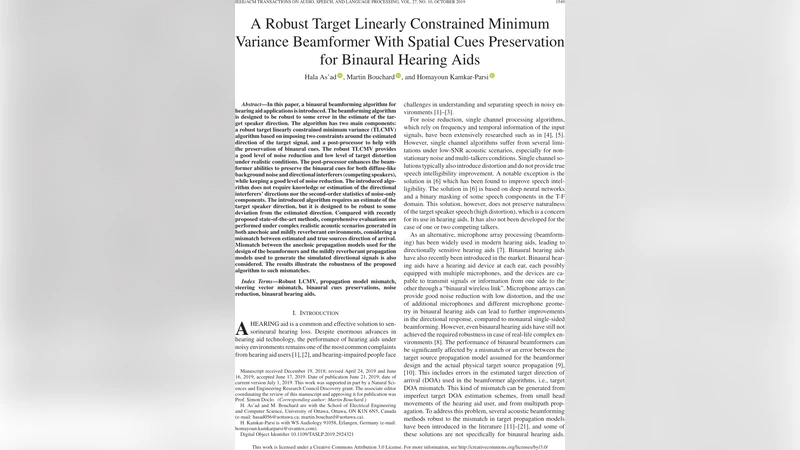 강인한 목표 라인제약 최소분산 빔포머와 양이음 청각 보조기용 공간 단서 보존 기법
