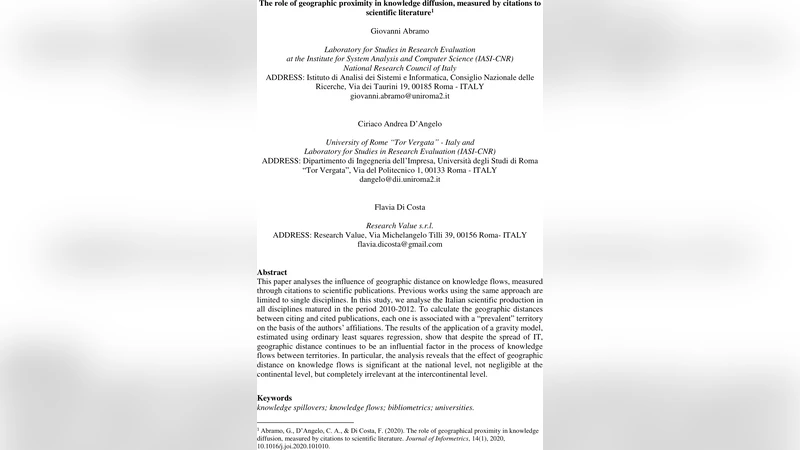 지리적 근접성이 지식 확산에 미치는 영향: 이탈리아 논문 인용 분석