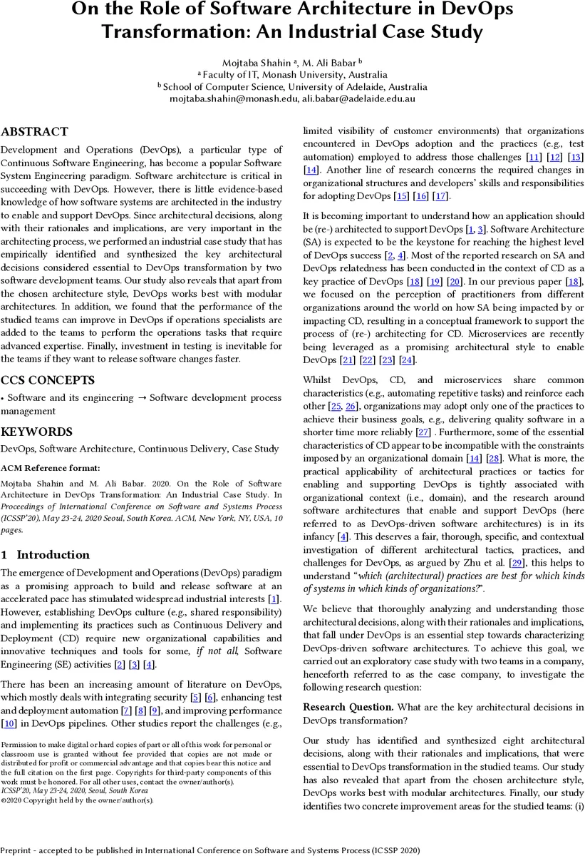 DevOps 전환을 위한 소프트웨어 아키텍처 역할 연구