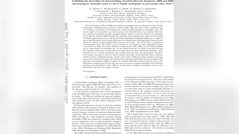 라퀼라 지진 전자기 이상 현상 해석: 다주파수 사전진동 신호 규명