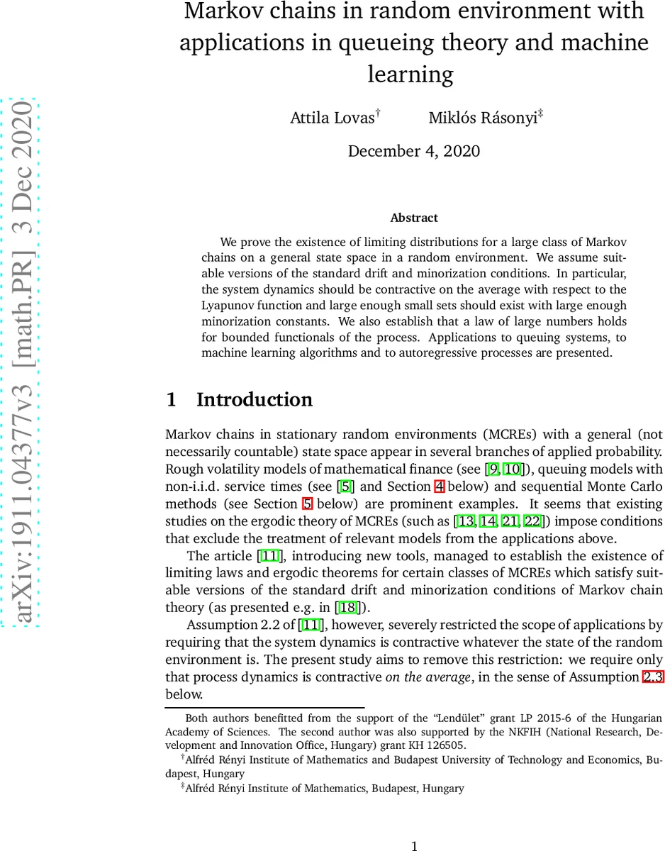 무작위 환경에서 마코프 연쇄와 그 응용: 대기열 이론·기계학습 통합 연구