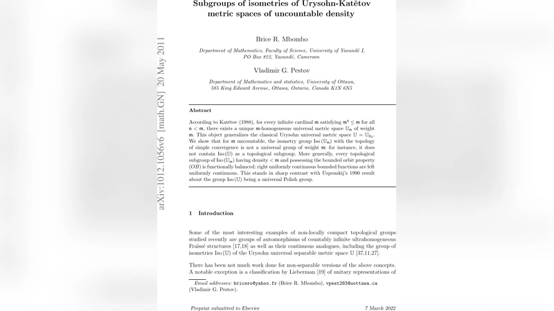 비가산 차원의 우리소프‑카테보프 공간 등거리군 부분군 연구