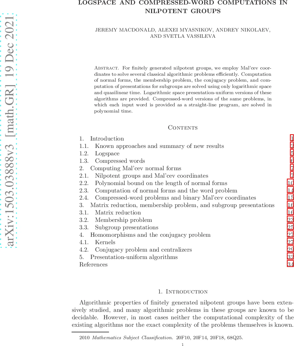 Nilpotent 그룹에서 로그스페이스와 압축 단어 연산