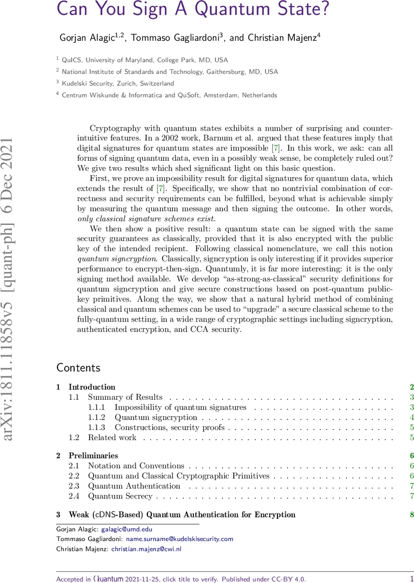 양자 상태 서명은 불가능 양자 사인암호는 가능