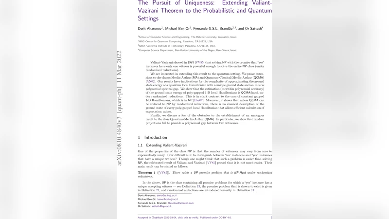 양자와 확률 세계의 유일성: Valiant‑Vazirani 정리의 MA·QCMA 확장과 물리학적 함의