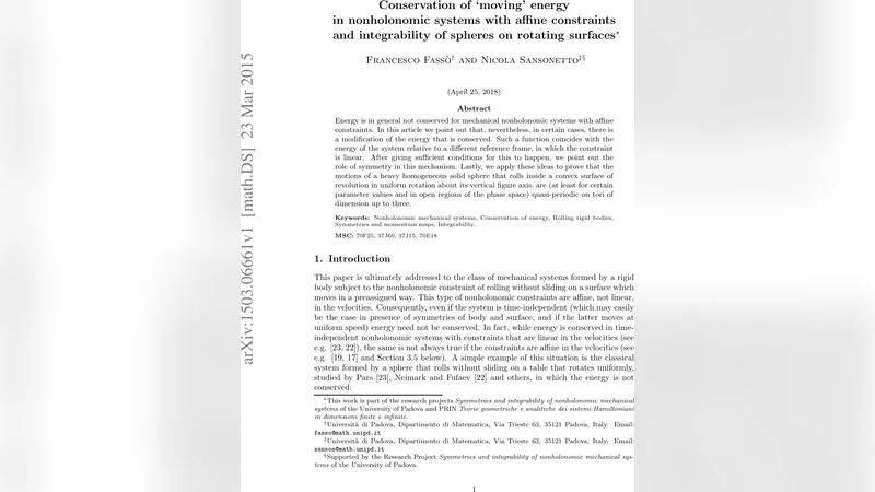 구면의 회전면 위 구르기와 비홀로노믹 시스템의 이동에너지 보존