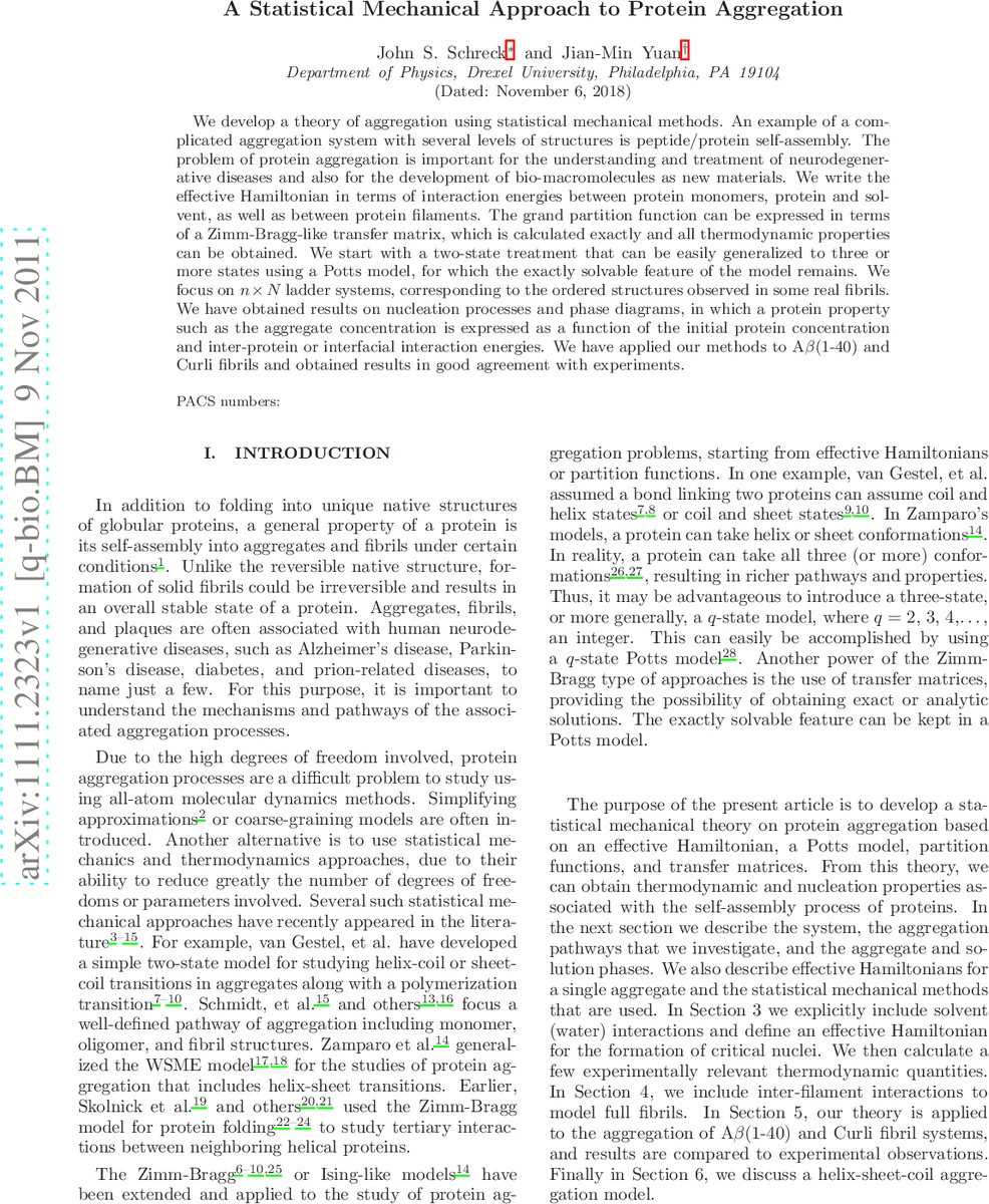 단백질 응집을 위한 통계역학 모델링