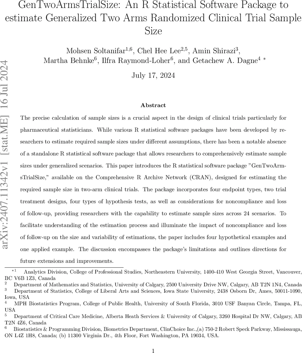 GenTwoArmsTrialSize 두 팔 임상시험 표본 크기 추정 R 패키지