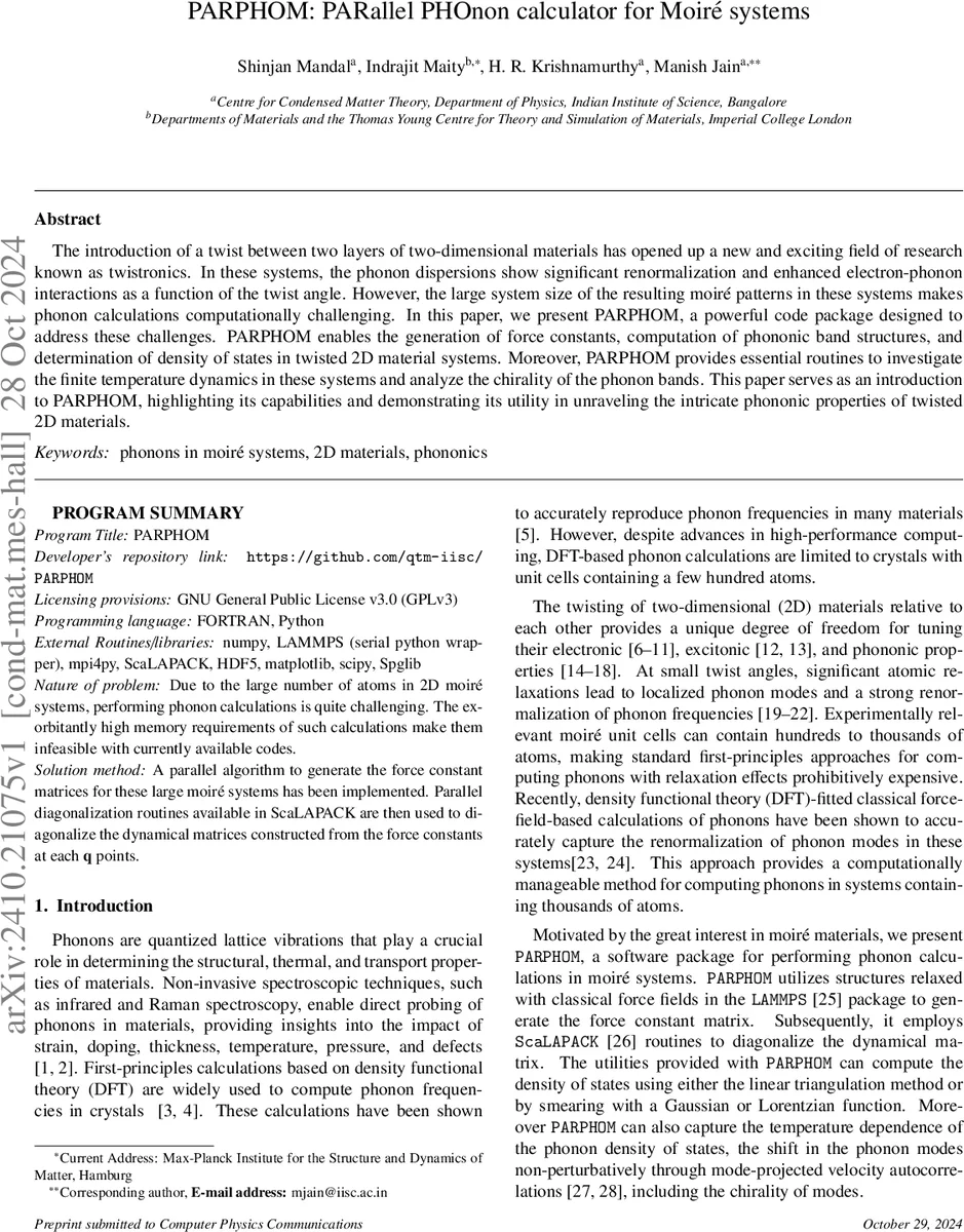 파르포옴: 트위스트 2차원 재료의 모아레 포논 계산을 위한 병렬 툴킷