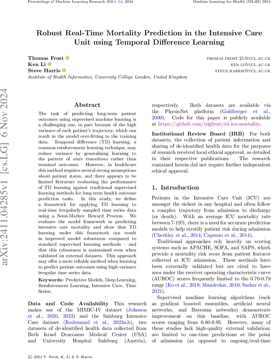 중환자실 실시간 사망 예측을 위한 강화학습 기반 템포럴 디퍼런스 모델