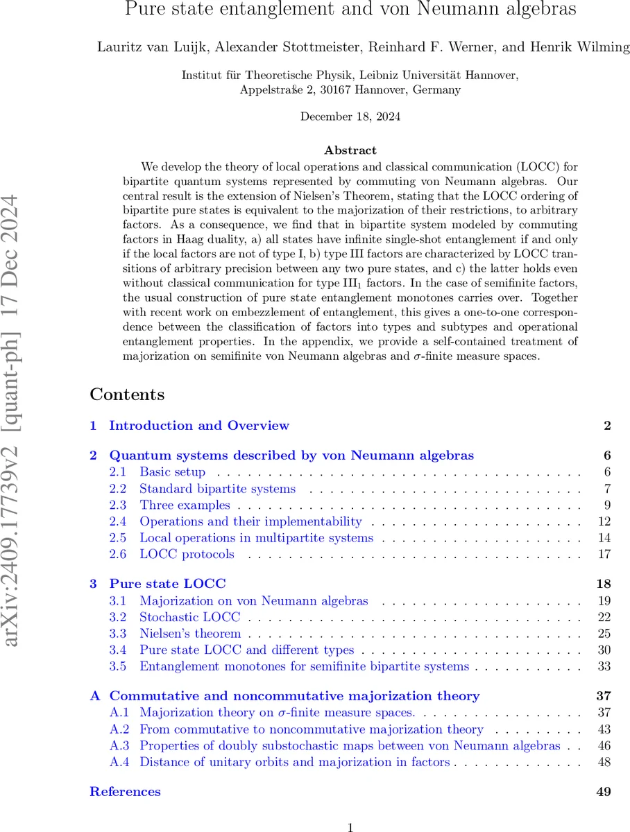 순수 상태 얽힘과 폰노이만 대수의 새로운 연결