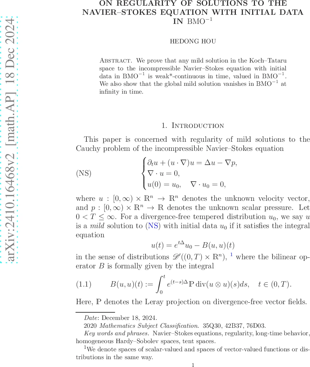 BMO 마이너 원 초기 데이터에 대한 Navier Stokes 해의 정규성