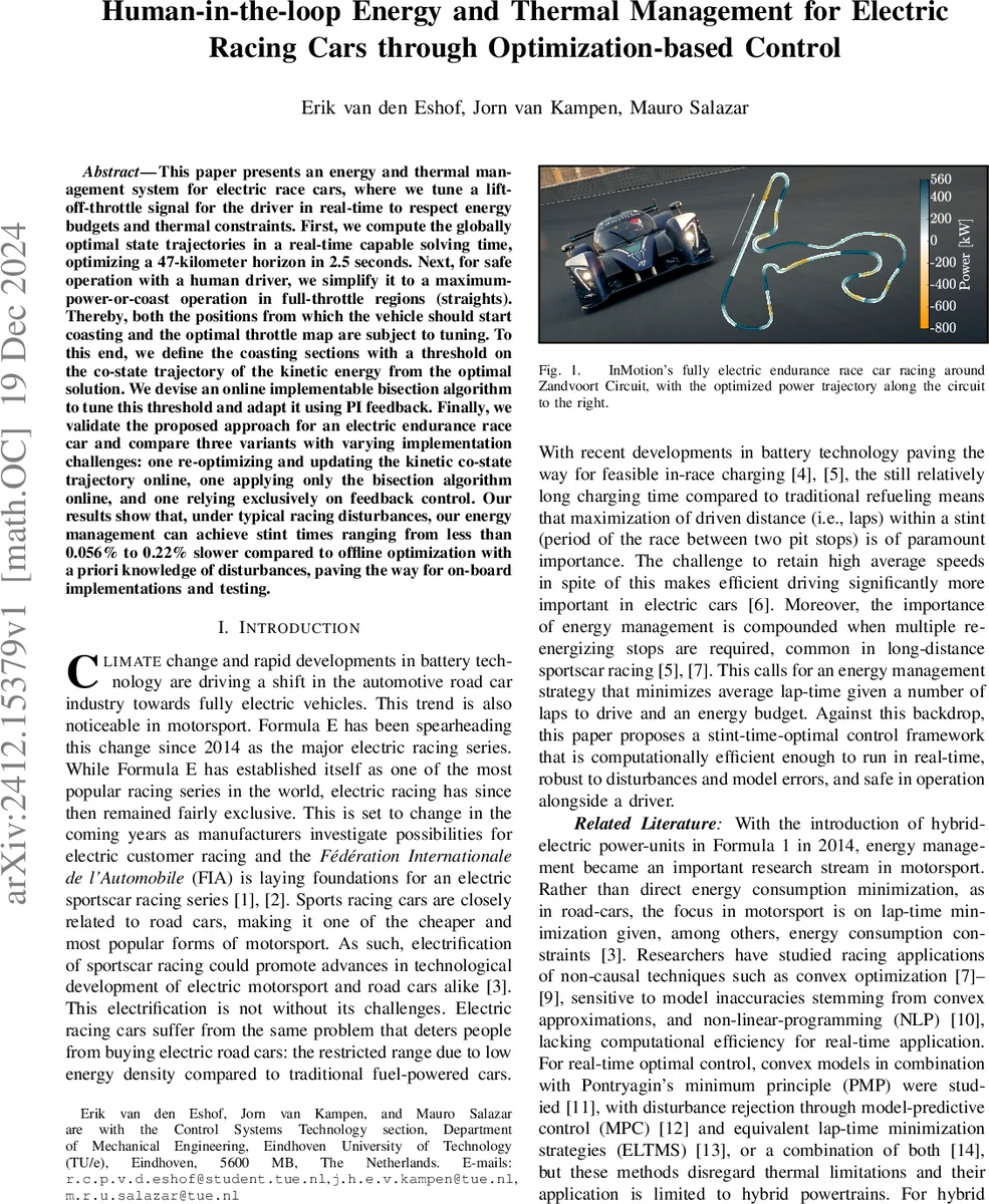 전기 레이싱 차량을 위한 인간 인 루프 에너지 열 관리 최적 제어