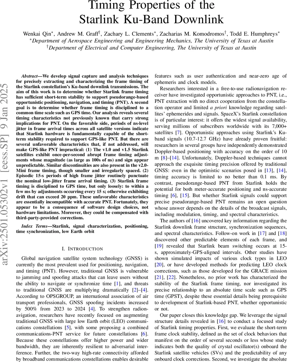 스타링크 Ku‑밴드 프레임 타이밍: GPS‑급 PNT 가능성 및 한계
