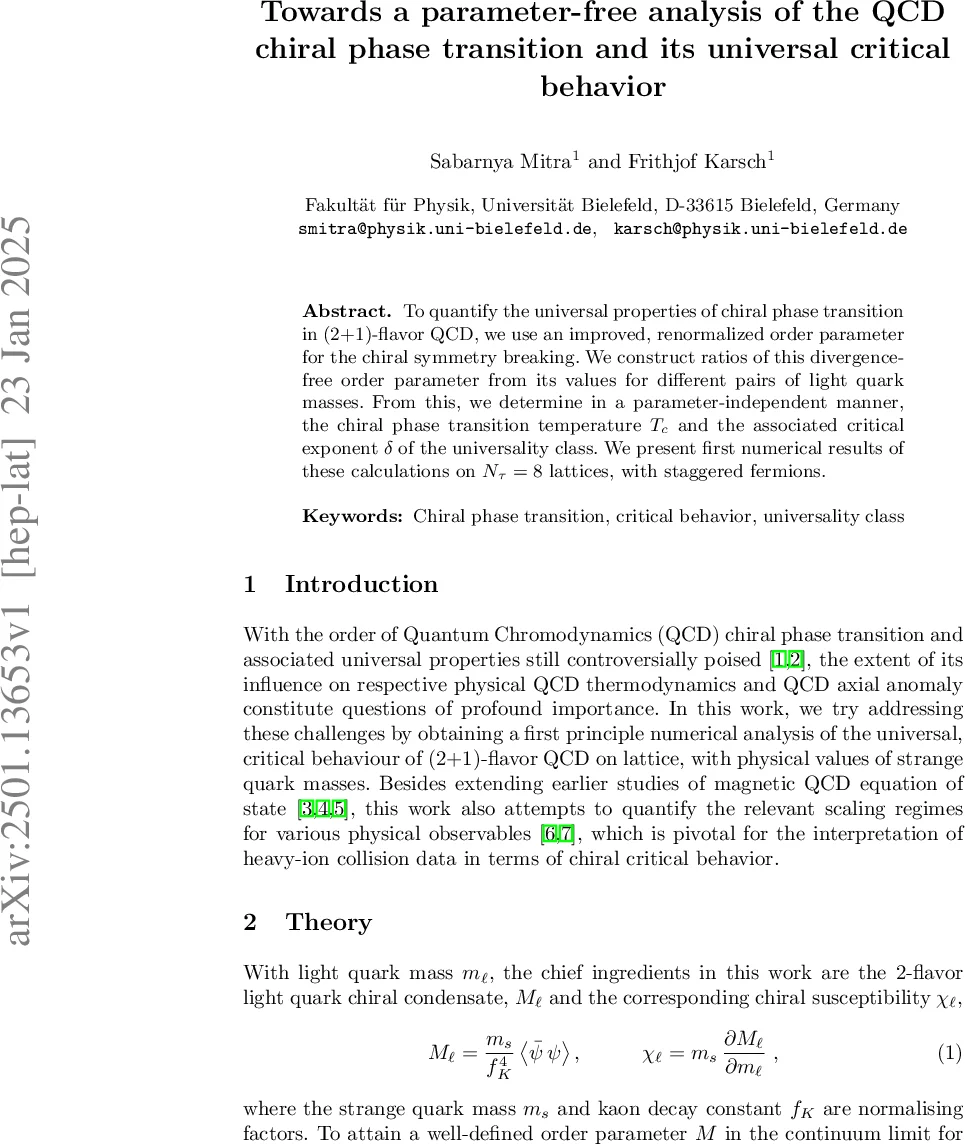 파라미터 없이 QCD 차이 대칭 전이와 보편적 임계 거동 분석