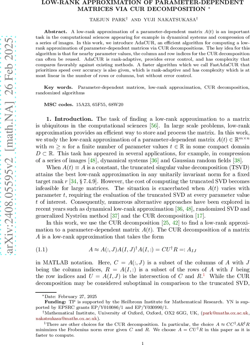 파라미터 의존 행렬의 저차원 근사: AdaCUR와 FastAdaCUR 기반 CUR 분해