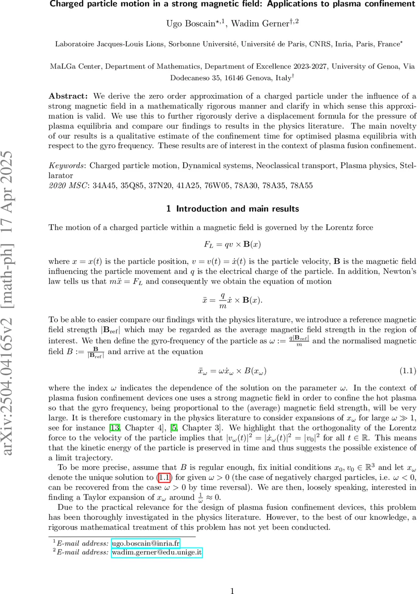 강한 자기장 속 입자 운동과 플라즈마 구속의 새로운 수학적 접근