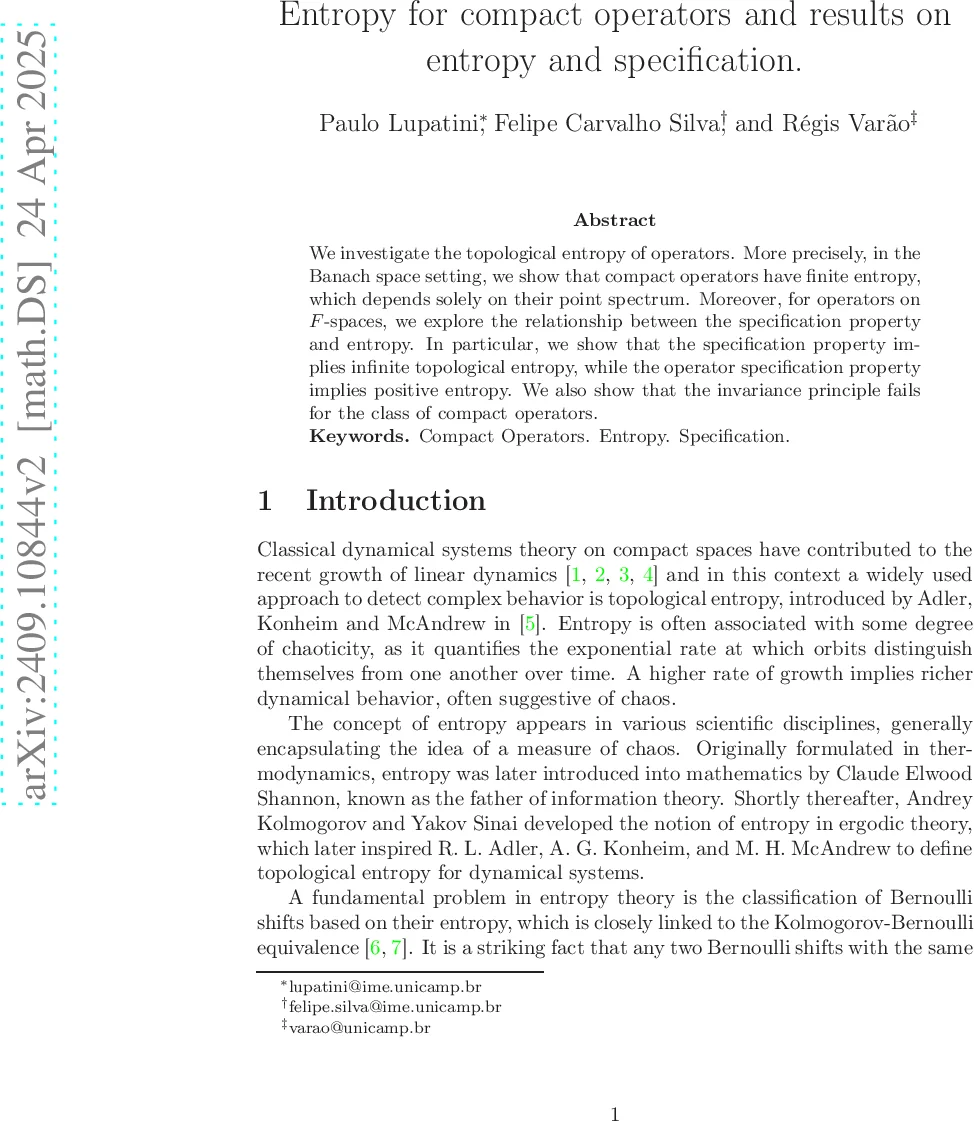 컴팩트 연산자의 엔트로피와 사양성질의 관계