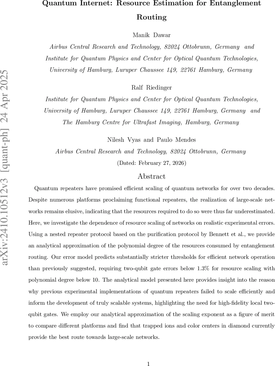 양자 인터넷을 위한 자원 추정: 얽힘 라우팅의 스케일링 한계