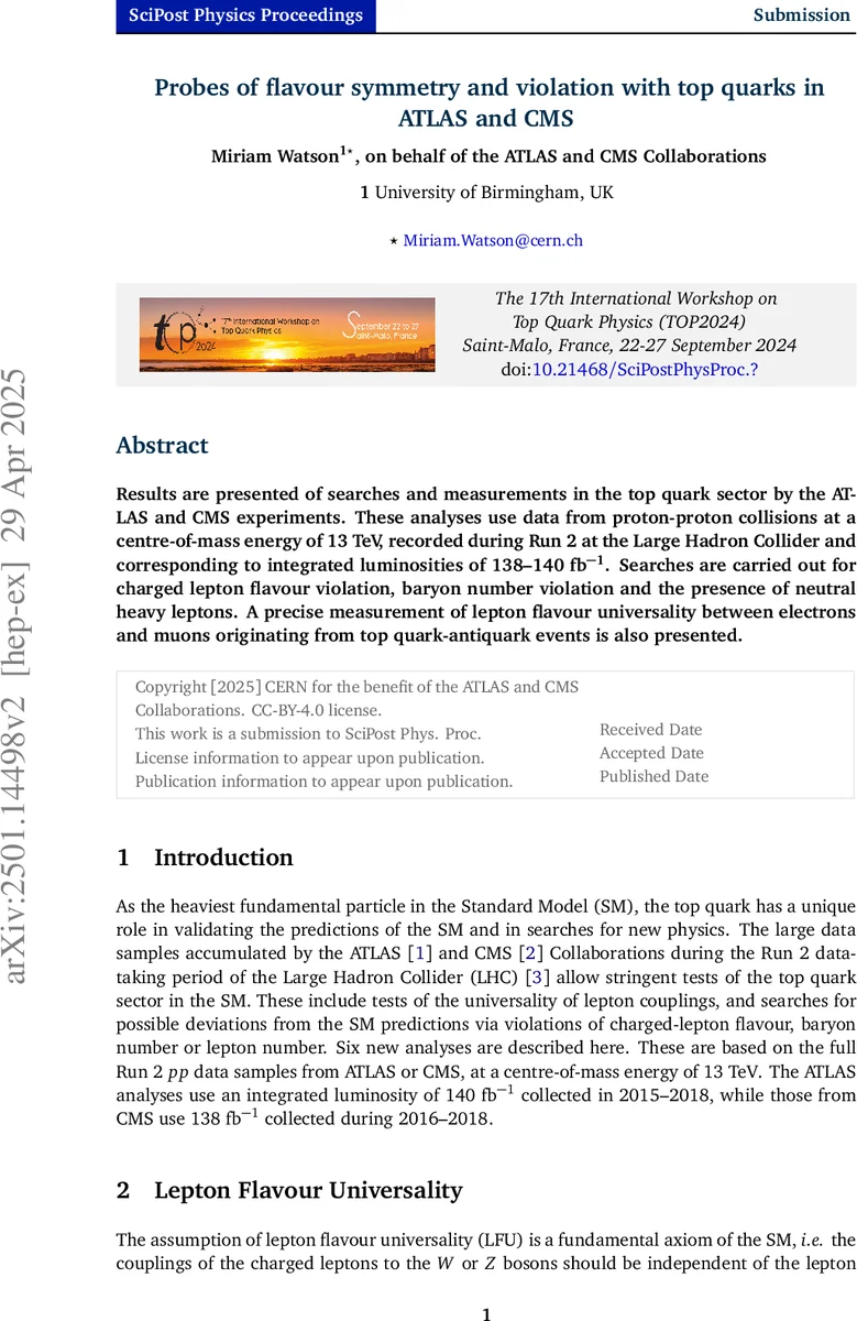 탑 쿼크를 이용한 플레버 대칭과 위반 탐색